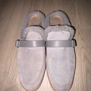 Vionic Gray Suede Mules with Faux Fur Lining